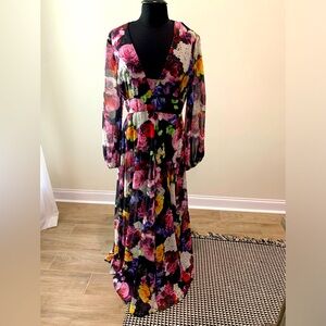 Mac Duggal FLORAL PRINT ILLUSION LONG SLEEVE V NECK GOWN